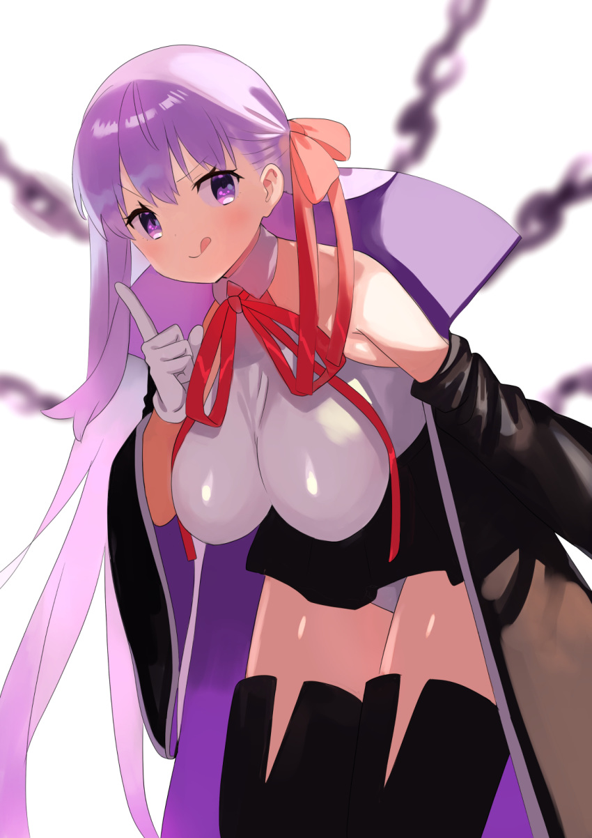 1girl bangs bare_shoulders bb_(fate)_(all) bb_(fate/extra_ccc) black_coat black_legwear black_skirt blush breasts chain closed_mouth coat fate/extra fate/extra_ccc fate_(series) gloves hair_ribbon high-waist_skirt highres index_finger_raised large_breasts leaning_forward leotard licking_lips long_hair looking_at_viewer neck_ribbon off_shoulder open_clothes open_coat popped_collar purple_hair red_ribbon ribbon skirt smile thighs tongue tongue_out very_long_hair violet_eyes white_background white_gloves white_leotard wide_sleeves zenshin