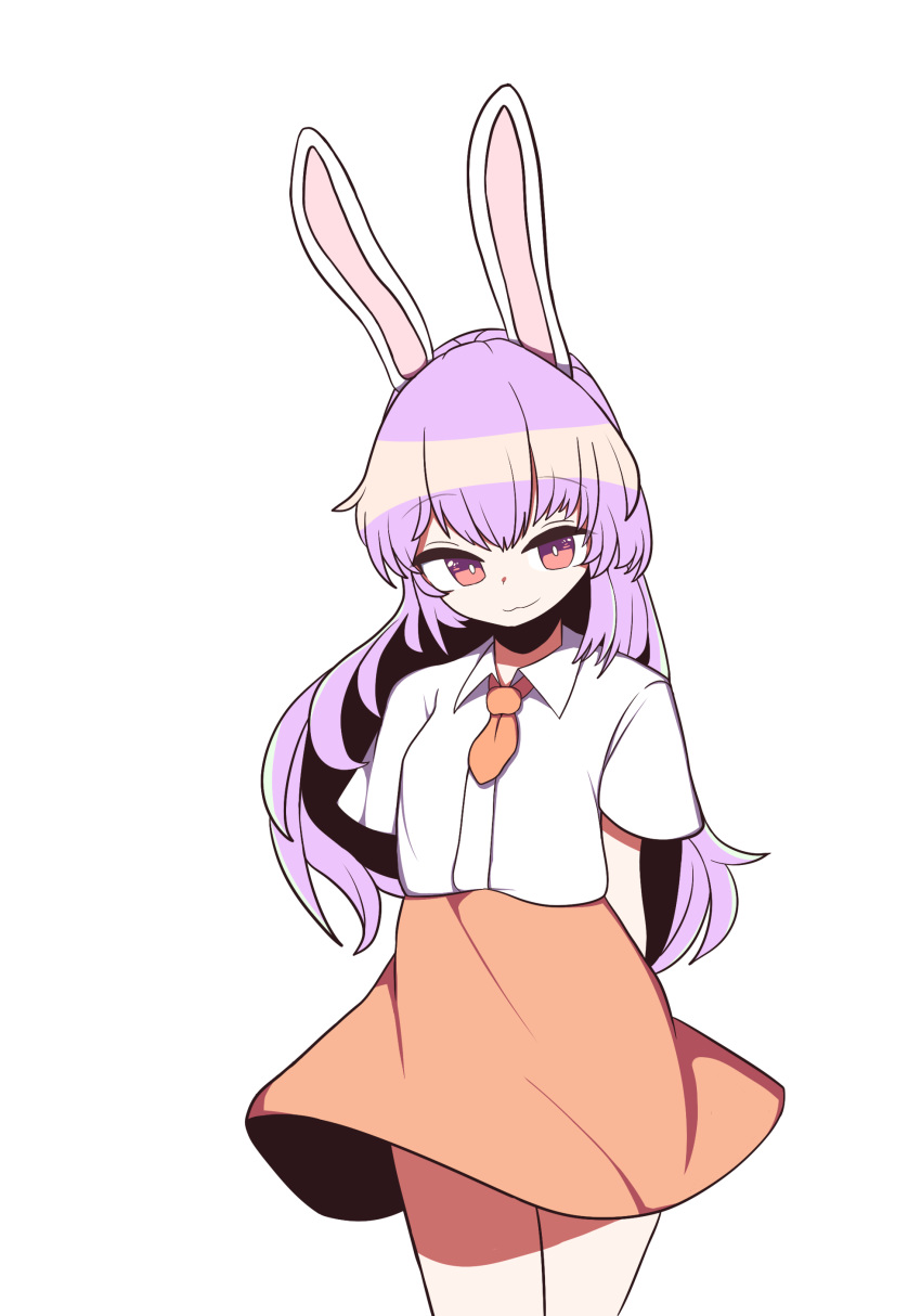 1girl absurdres animal_ears arm_behind_head bangs blush breasts closed_mouth commentary_request cowboy_shot eyebrows_visible_through_hair hair_between_eyes hh highres long_hair looking_at_viewer miniskirt necktie orange_neckwear orange_skirt purple_hair rabbit_ears red_eyes reisen_udongein_inaba shirt short_necktie short_sleeves simple_background skirt smile solo standing touhou white_background white_shirt