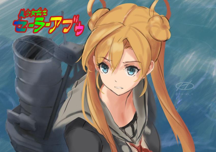 1girl abukuma_(kantai_collection) bishoujo_senshi_sailor_moon black_jacket blonde_hair blue_eyes commentary_request double_bun grey_sailor_collar hair_rings haruto_(harut_n) jacket kantai_collection long_hair look-alike machinery remodel_(kantai_collection) sailor_collar sailor_moon_redraw_challenge school_uniform serafuku solo upper_body