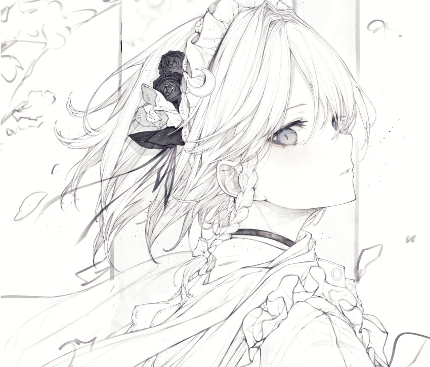 1girl absurdres bangs black_flower black_rose bow braid commentary flower frills from_side grey_background greyscale hair_bow hair_flower hair_ornament highres hito_komoru izayoi_sakuya looking_at_viewer looking_to_the_side maid_headdress monochrome parted_lips portrait rose scarf short_hair sketch solo touhou twin_braids