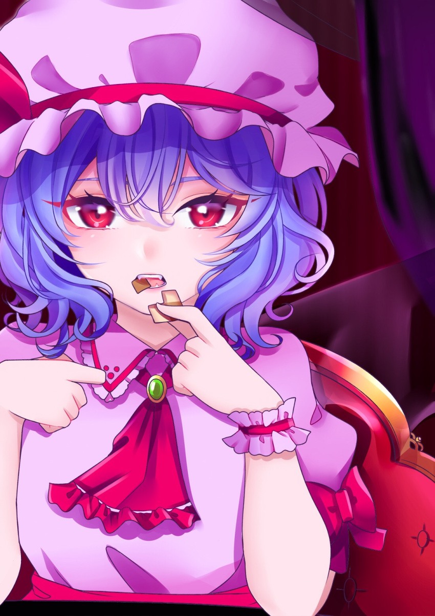 1girl arms_up bat_wings blue_hair breasts brooch checkerboard_cookie commentary_request cookie cravat curtains elbows_on_table expressionless fangs food hair_between_eyes hand_on_own_chest hat hat_ribbon highres holding_cookie jewelry looking_at_viewer mob_cap open_mouth partial_commentary planet_sugar puffy_short_sleeves puffy_sleeves purple_headwear purple_shirt red_eyes red_neckwear remilia_scarlet ribbon sash shirt short_hair short_sleeves sitting small_breasts solo teeth touhou transparent_wings upper_body wings wrist_cuffs