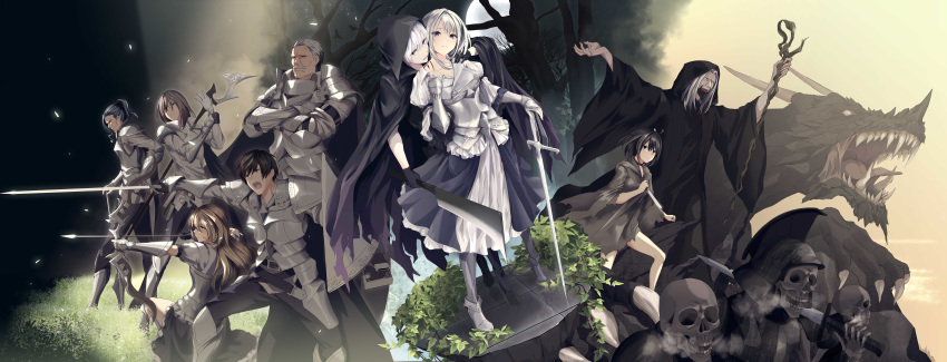 3girls 6+boys absurdres ahoge armor armored_dress arrow_(projectile) bangs bare_legs black_eyes black_hair bow_(weapon) brown_hair character_request cloak closed_mouth collar collarbone cover_image dragon empty_eyes full_moon grass greaves green_eyes hand_on_hilt highres holding holding_arrow holding_bow_(weapon) holding_knife holding_weapon hood hood_down hood_up incredibly_absurdres knife kuraki_kyuuden_no_shisha_no_ou long_hair looking_at_another looking_at_viewer merontomari moon multiple_boys multiple_girls necromancer novel_illustration official_art one_knee plant planted_sword planted_weapon profile serious short_hair silver_hair skeleton standing sword textless tree undead vambraces violet_eyes weapon white_hair