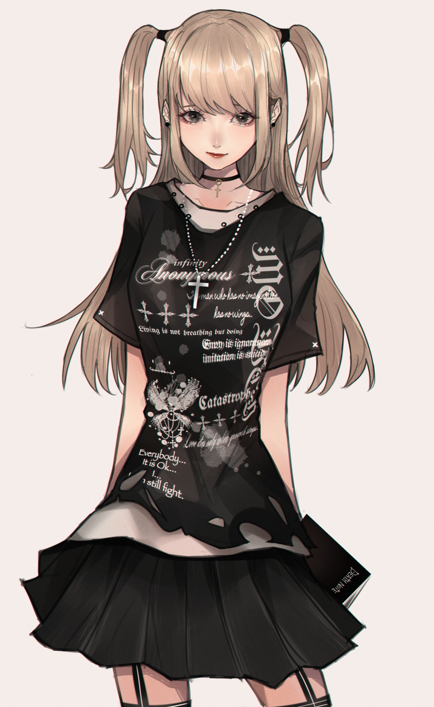 1girl absurdres alternate_costume amane_misa black_choker black_shirt black_skirt blonde_hair choker cross cross_necklace death_note death_note_(object) english_text highres jewelry mano_aaa necklace shirt skirt solo twintails