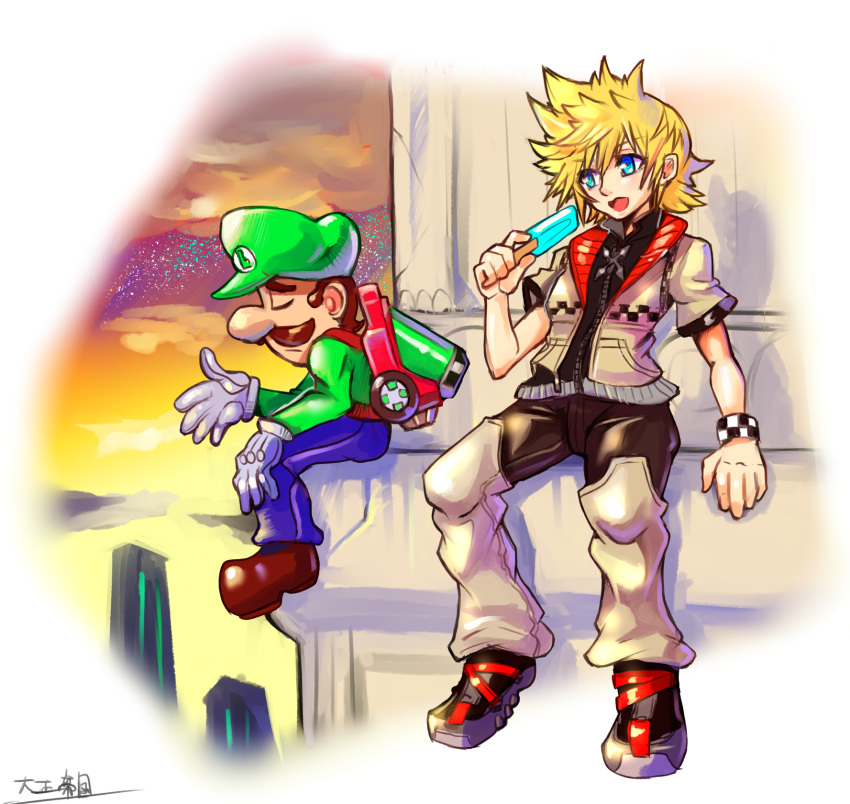 2boys blonde_hair blue_eyes bracelet brown_hair crossover facial_hair food gloves green_headwear highres jewelry kingdom_hearts ledge looking_to_the_side luigi luigi's_mansion_3 super_mario_bros. multiple_boys mustache oomasa_teikoku open_hand popsicle roxas sad sitting white_gloves