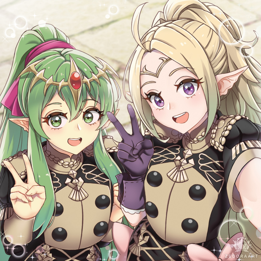 2girls artist_name blonde_hair fire_emblem fire_emblem:_mystery_of_the_emblem fire_emblem:_three_houses fire_emblem_awakening garreg_mach_monastery_uniform gloves green_eyes green_hair highres long_hair long_sleeves multiple_girls nowi_(fire_emblem) pointy_ears ponytail short_sleeves tiara tiki_(fire_emblem) uniform upper_body v violet_eyes zedoraart