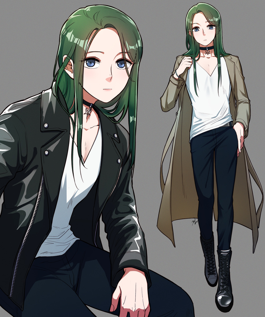 1boy belt blue_eyes boots choker collarbone commentary_request drawingddoom eyebrows_visible_through_hair eyes_visible_through_hair fire_emblem fire_emblem:_three_houses full_body green_hair grey_background highres jacket linhardt_von_hevring long_hair long_sleeves looking_at_viewer multiple_views pants shirt simple_background standing