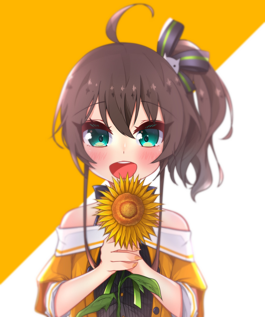 1girl :d absurdres ahoge bangs bare_shoulders black_ribbon blouse blush brown_hair cat_hair_ornament fingers flower green_eyes hair_between_eyes hair_ornament hair_ribbon halter_top halterneck highres holding holding_flower hololive looking_at_viewer natsuiro_matsuri open_mouth portrait ribbon short_hair smile solo sunflower temari_maco virtual_youtuber yellow_blouse