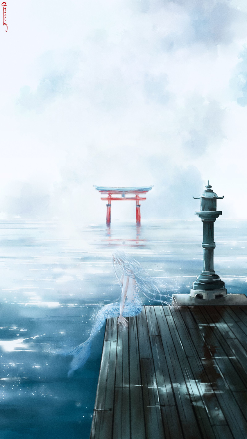 1girl absurdres artist_name blue_hair breasts hair_censor highres long_hair medium_breasts mermaid monster_girl original pier profile quacx3 scenery sitting sky solo stone_lantern torii very_long_hair water