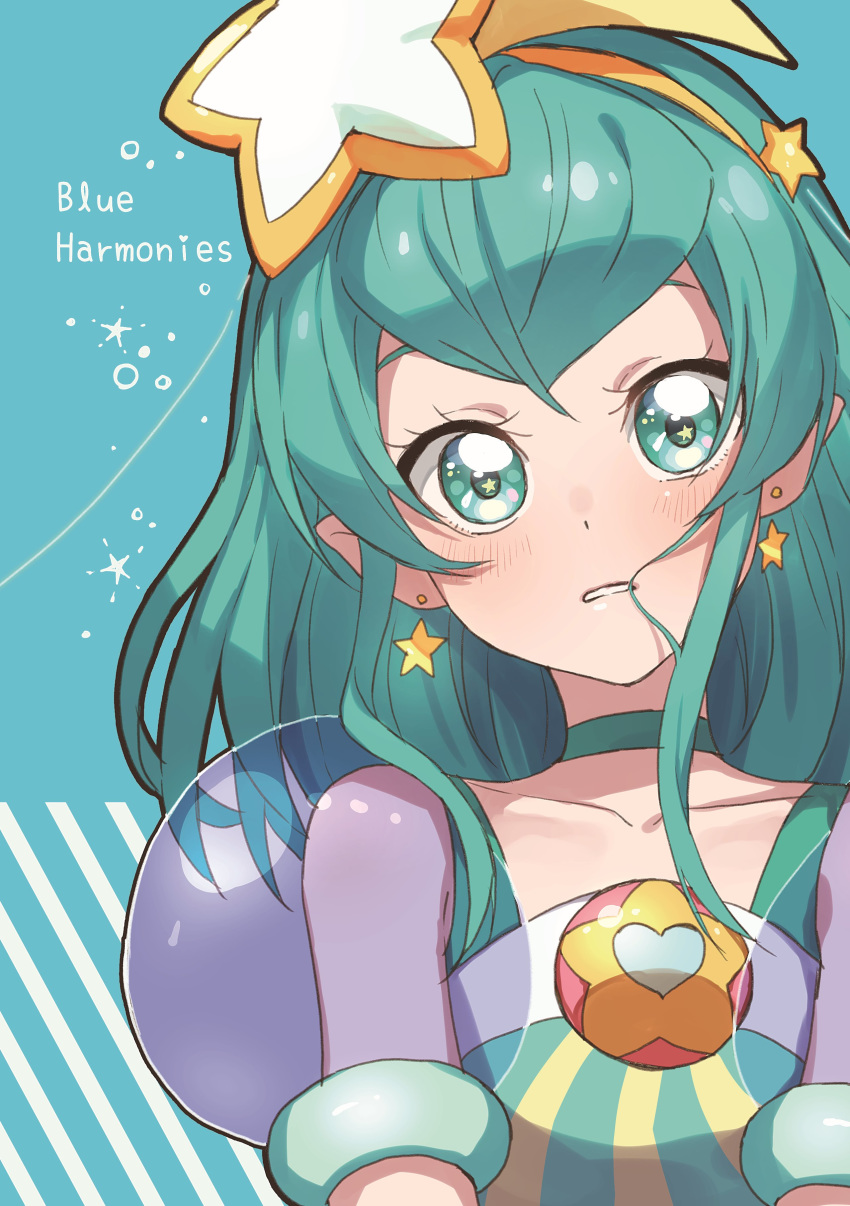 1girl absurdres aqua_background choker collarbone commentary_request cure_milky earrings english_text eyebrows_visible_through_hair green_eyes green_hair hagoromo_lala hair_between_eyes hair_ornament hairband highres index_finger_raised jewelry long_hair looking_at_viewer precure see-through shiny shiny_hair short_sleeves solo standing star_(symbol) star_earrings star_hair_ornament star_twinkle_precure upper_body yellow_hairband yufu_toyomimasu
