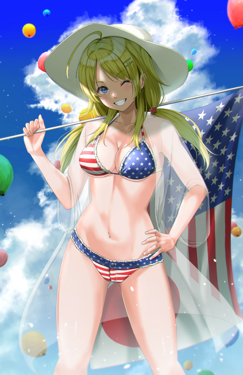 1girl absurdres ahoge american_flag american_flag_bikini balloon bikini blonde_hair blue_eyes blue_sky breasts clouds collarbone commentary_request cowboy_shot day flag_print grin hachimiya_meguru hand_on_hip hat highres idolmaster idolmaster_shiny_colors long_hair looking_at_viewer low_twintails medium_breasts outdoors robe see-through sky smile solo straw_hat sun_hat swimsuit terada_tera twintails