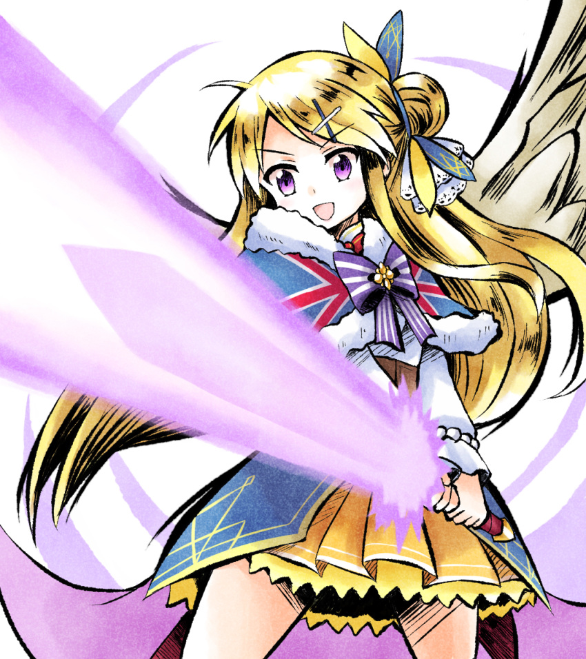 1girl blonde_hair character_request glowing glowing_sword glowing_weapon hair_bun highres holding holding_sword holding_weapon kirara_fantasia long_hair looking_down ma_tsukasa skirt solo sunrise_stance sword violet_eyes weapon yellow_skirt