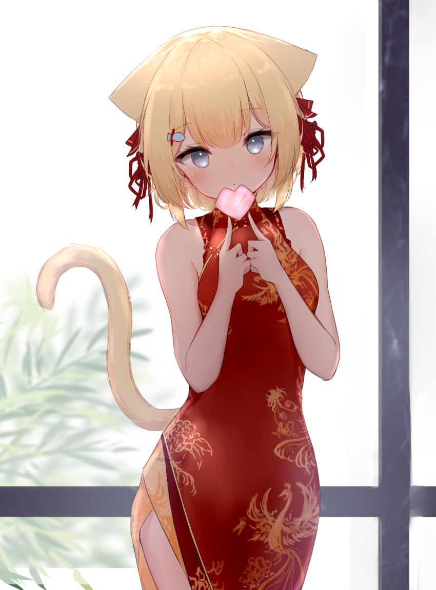 1girl animal_ears bare_arms bare_shoulders blonde_hair blue_eyes breasts cat_ears cat_girl cat_tail cowboy_shot dress guo582 hair_ornament hairclip hanazono_serena hanazono_serena_(channel) heart highres looking_at_viewer red_dress short_hair side_slit sleeveless sleeveless_dress small_breasts solo standing tail tail_raised virtual_youtuber