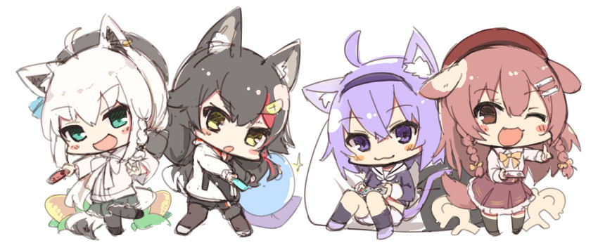 4girls :3 :d ;d ahoge animal_ear_fluff animal_ears bangs beret black_hair black_headwear black_legwear black_shorts blush_stickers bow braid brown_bow brown_eyes brown_hair brown_skirt cat_ears cat_girl cat_tail chibi closed_mouth collared_shirt commentary_request controller corn crop_top dog_ears dog_girl dog_tail eyebrows_visible_through_hair fang fox_ears fox_girl fox_tail frilled_skirt frills game_controller green_eyes grey_skirt hair_between_eyes hair_bow hair_ornament hairband hairclip hat highres holding hololive index_finger_raised inugami_korone kneehighs koga_rejini legwear_under_shorts long_hair long_sleeves midriff multicolored_hair multiple_girls nekomata_okayu one_eye_closed ookami_mio open_mouth outstretched_arm pantyhose pleated_skirt purple_hair purple_hairband purple_shirt redhead sailor_collar school_uniform serafuku shirakami_fubuki shirt short_shorts shorts sitting skirt smile socks standing standing_on_one_leg streaked_hair tail twin_braids two-tone_hair very_long_hair violet_eyes virtual_youtuber white_hair white_sailor_collar white_shirt white_shorts wolf_ears wolf_girl wolf_tail