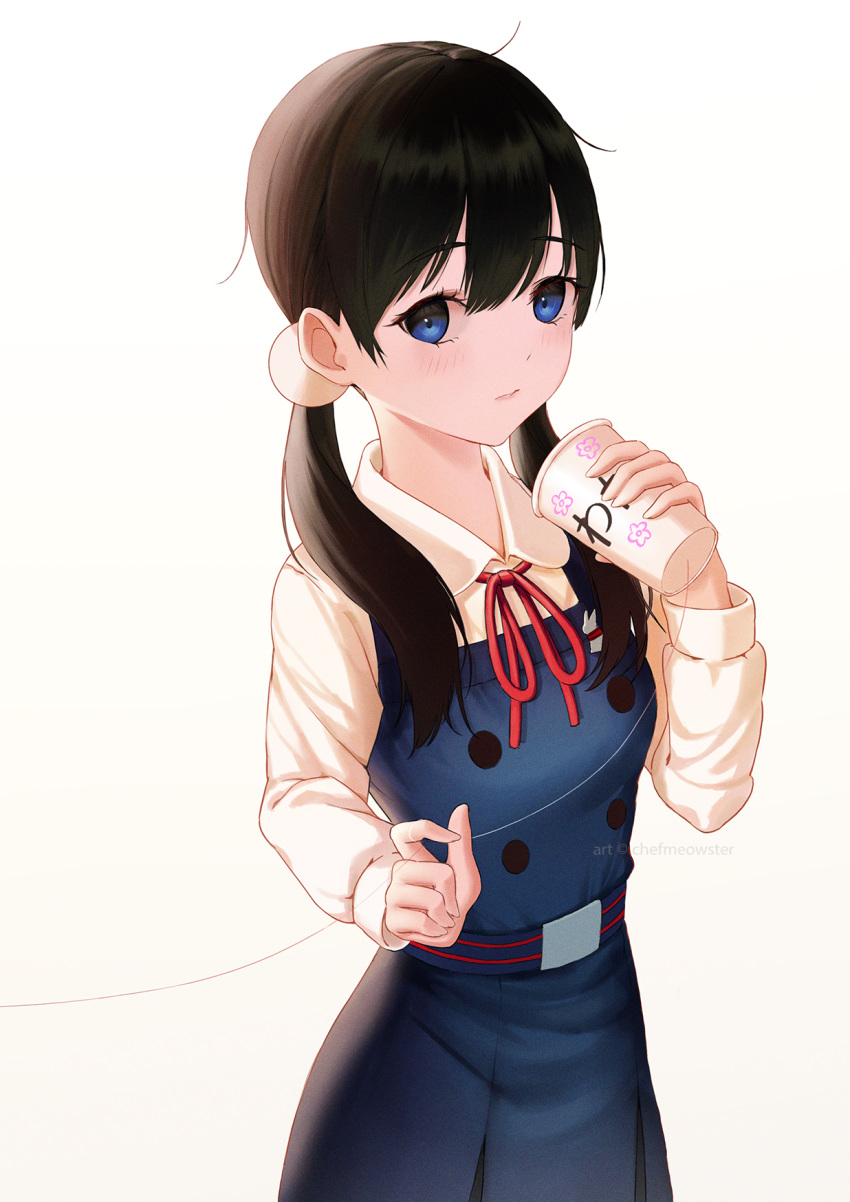 1girl apron bangs black_hair blue_apron blue_dress blue_eyes blush brown_hair bunny_pin buttons closed_mouth commentary_request cowboy_shot cup dress expressionless eyebrows_visible_through_hair floral_print hair_bobbles hair_ornament hand_up highres hobunsha holding holding_cup kitashirakawa_tamako kyoto_animation long_hair long_sleeves looking_at_viewer low_twintails meowster moe parted_lips pinafore_dress red_neckwear red_ribbon ribbon shirt simple_background skirt sleeveless sleeveless_dress solo string tamako_love_story tamako_market twintails watermark web_address white_background white_shirt