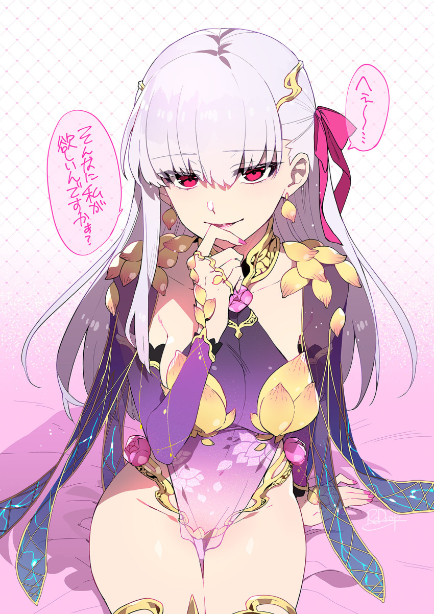 1girl armlet armor bangs bikini_armor blush bracelet breasts circlet collar collarbone covered_navel detached_sleeves dress earrings fate/grand_order fate_(series) floral_print gradient gradient_background hair_ribbon halterneck highres jewelry kama_(fate/grand_order) large_breasts long_hair looking_at_viewer metal_collar nail_polish parted_lips pelvic_curtain pink_nails purple_dress purple_sleeves red_eyes redrop ribbon ring silver_hair sitting smile speech_bubble thighlet thighs translated