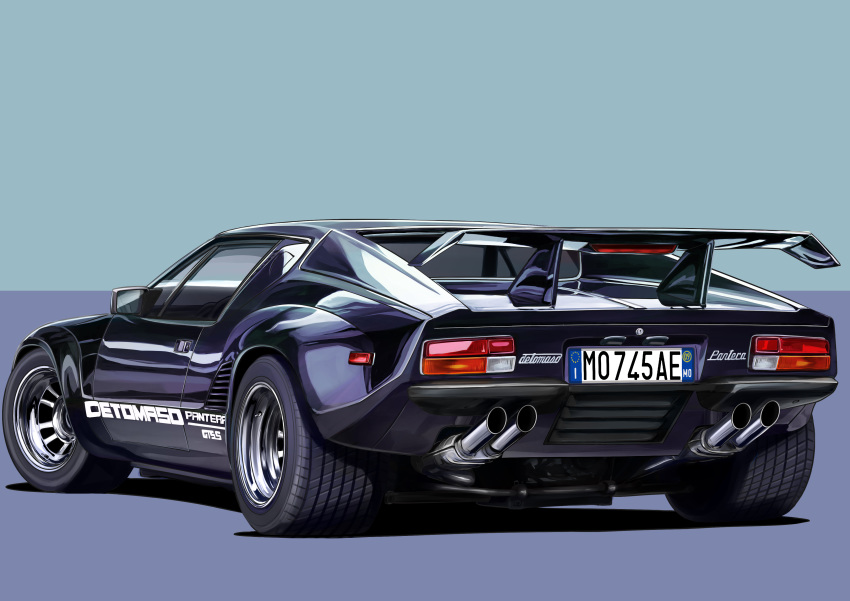 3books absurdres car detomaso_pantera from_behind ground_vehicle highres motor_vehicle no_humans original solo spoiler_(automobile) vehicle_focus vehicle_name vehicle_rear