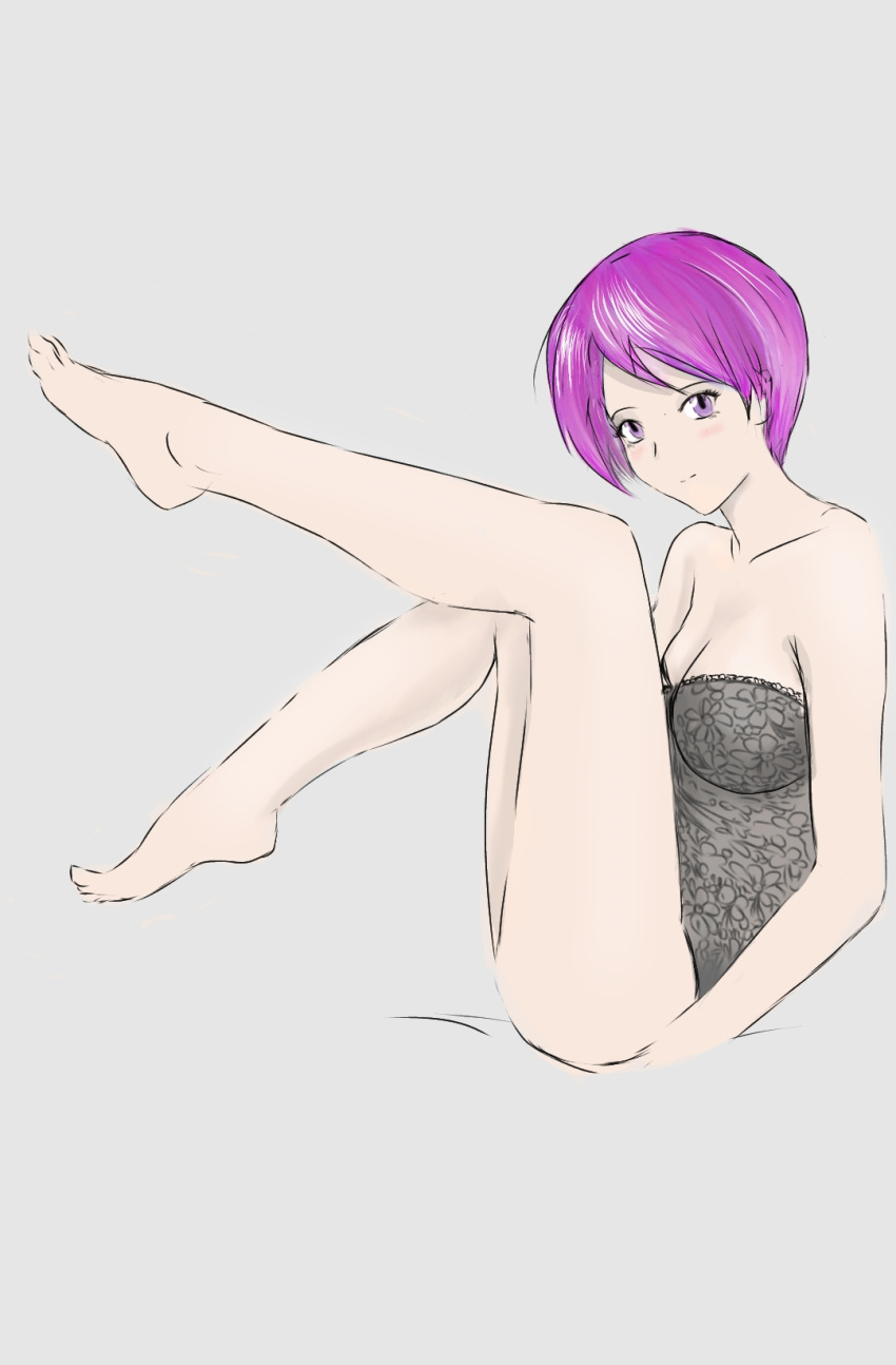 babydoll breasts feet_up highres looking_at_viewer purple_hair short_hair sitting source_request violet_eyes