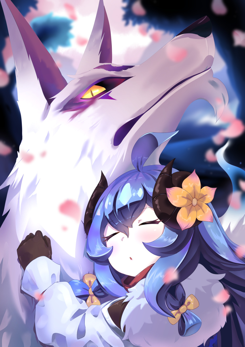 1girl absurdres ahoge artist_request blue_hair bow cherry_blossoms closed_eyes eyeshadow flower gloves hair_bow hair_flower hair_ornament highres horns hug kindred lamb_(league_of_legends) league_of_legends makeup sheep_horns twintails wolf_(league_of_legends)