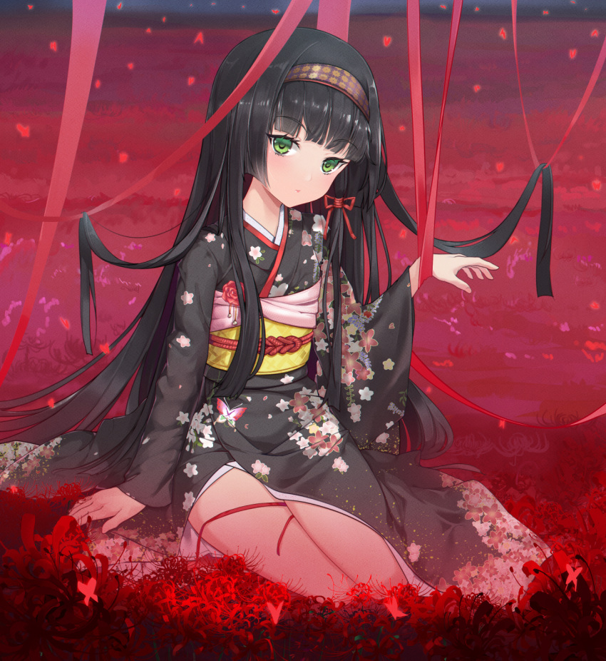 1girl bangs bishoujo_mangekyou black_hair black_kimono blunt_bangs breasts closed_mouth commentary_request eyebrows_visible_through_hair field floral_print flower flower_field green_eyes hair_ribbon hairband hand_on_ground hand_up highres hime_cut japanese_clothes kimono long_hair long_sleeves looking_at_viewer nipples obi on_ground print_kimono red_flower red_ribbon renge_(bishoujo_mangekyou) ribbon sash sitting solo spider_lily very_long_hair wide_sleeves zoneky