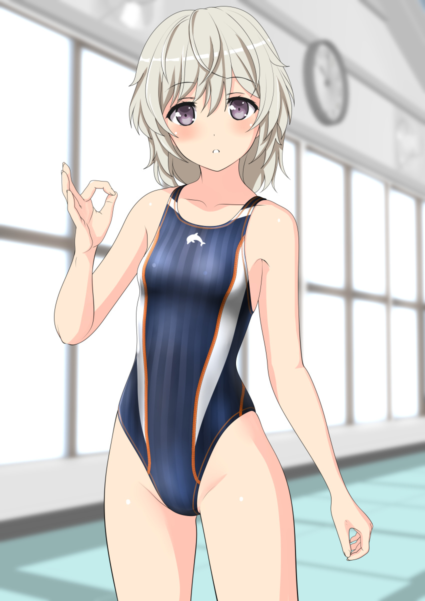 1girl absurdres blue_swimsuit breasts collarbone commentary_request cowboy_shot high_school_fleet highres indoors logo looking_at_viewer ok_sign parted_lips short_hair silver_hair small_breasts solo standing striped striped_swimsuit swimsuit takafumi tateishi_shima violet_eyes