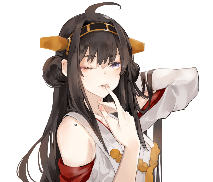1girl ahoge bare_shoulders brown_hair double_bun fingernails hairband hand_up heart heart_tattoo kantai_collection kongou_(kantai_collection) long_sleeves looking_at_viewer neko_(ganecooo) pink_nails simple_background smile tattoo upper_body violet_eyes white_background