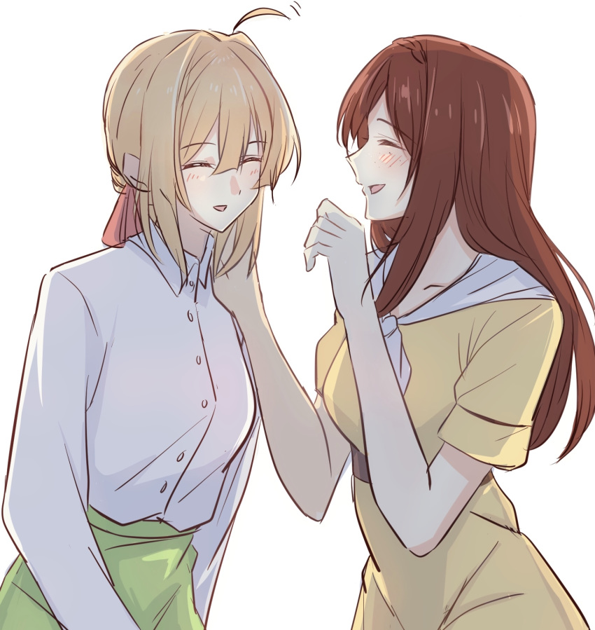2girls :d ahoge bangs blonde_hair blush brown_hair closed_eyes collared_shirt commentary_request dress dress_shirt eyebrows_visible_through_hair green_skirt hair_between_eyes hair_ribbon hand_on_another's_shoulder highres laughing long_hair looking_at_another luculia_marlborough multiple_girls open_mouth red_ribbon ribbon shin_(shinshan427) shirt sidelocks skirt smile standing violet_evergarden violet_evergarden_(character) white_neckwear white_shirt yellow_dress
