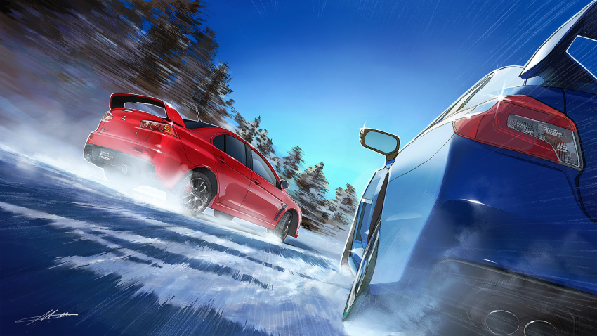 car close-up drifting english_commentary ground_vehicle highres m.m_(chosuke320) mitsubishi_lancer_evolution mitsubishi_motors motor_vehicle original racing scenery snow subaru_(brand) subaru_wrx vehicle_focus