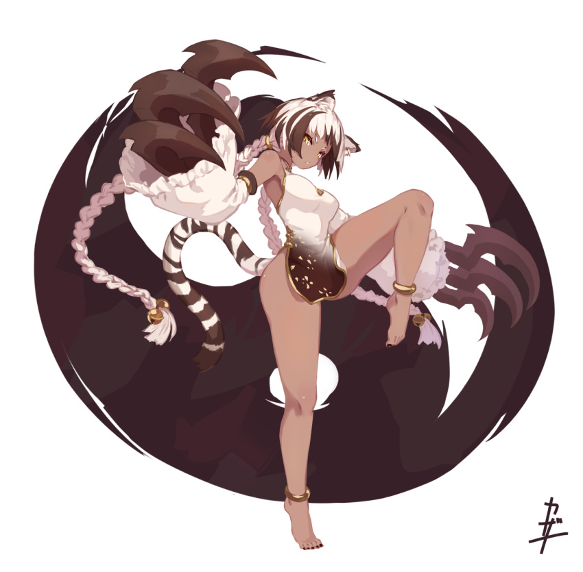 1girl animal_ears anklet barefoot braid breasts china_dress chinese_clothes claws commentary_request dark_skin detached_sleeves dress full_body highres jewelry kazana_(sakuto) large_breasts leg_lift long_hair multicolored_hair original parted_lips short_dress simple_background solo streaked_hair toenail_polish twin_braids very_long_hair white_background white_hair yellow_eyes yin_yang