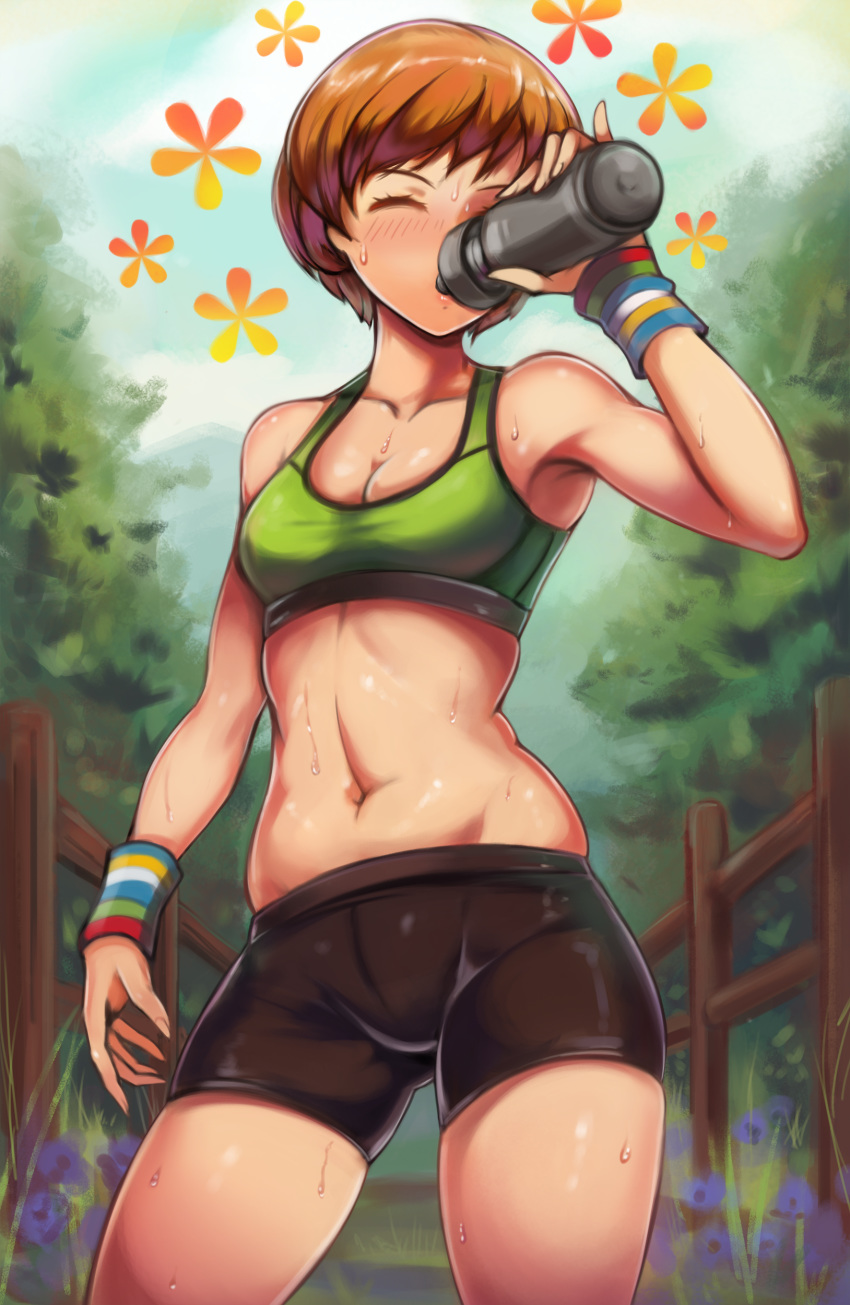 1girl absurdres black_shorts blue_sky blush bottle brown_hair closed_eyes commentary cowboy_shot drinking fence flower_(symbol) grass highres navel persona persona_4 satonaka_chie short_hair shorts sky solo sports_bra stomach sweat thighs toasty_scones tree water_bottle wrist_cuffs