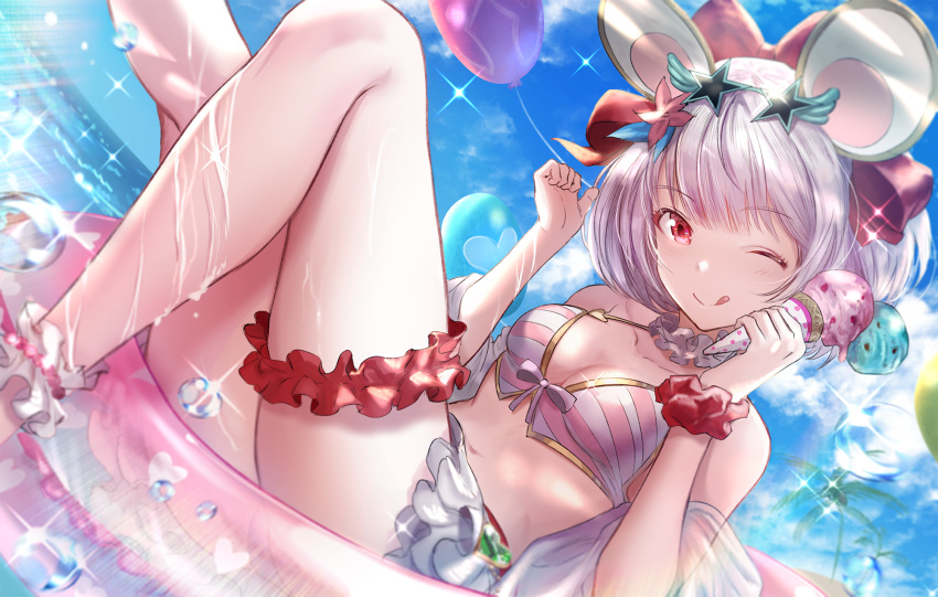 1girl ;q animal_ears balloon bangs bare_shoulders bikini bikini_skirt blush boba bow closed_mouth commentary_request day double_scoop dutch_angle eyebrows_visible_through_hair food frills granblue_fantasy hair_bow hands_up highres holding holding_food horizon ice_cream innertube knee_up looking_at_viewer mouse_ears ocean off_shoulder one_eye_closed open_clothes outdoors red_bow red_eyes red_scrunchie scrunchie silver_hair smile solo sparkle striped striped_bikini swimsuit thigh_scrunchie tongue tongue_out vikala_(granblue_fantasy) water wet wrist_scrunchie