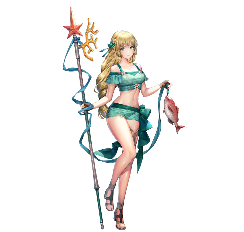 1girl absurdres animal bangs bare_shoulders bikini bikini_shorts blonde_hair braid breasts closed_mouth collarbone fingerless_gloves fire_emblem fire_emblem:_three_houses fire_emblem_heroes fish full_body gloves hair_ornament highres holding holding_weapon ingrid_brandl_galatea leg_up lips long_hair looking_at_viewer medium_breasts navel off-shoulder_swimsuit off_shoulder official_art polearm sandals senchat shiny shiny_hair shiny_skin shorts simple_background single_braid smile solo standing standing_on_one_leg stomach swimsuit thigh_strap tied_hair toes weapon white_background