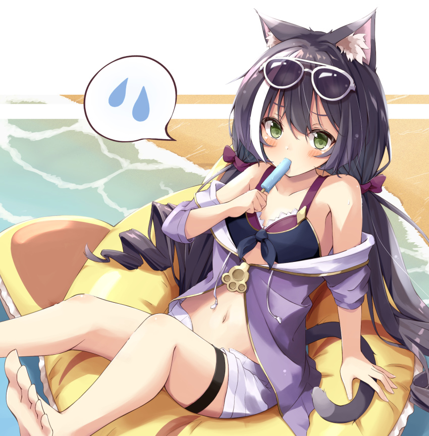 1girl animal_ear_fluff animal_ears barefoot bikini bikini_top black_hair blush cat_ears cat_girl cat_tail commentary_request eating eyebrows_visible_through_hair eyewear_on_head food green_eyes hair_between_eyes highres holding holding_food hood hoodie karyl_(princess_connect!) looking_at_viewer mizutan64 multicolored_hair ocean popsicle princess_connect! princess_connect!_re:dive purple_hoodie shorts sitting solo spoken_sweatdrop sunglasses sweatdrop swimsuit tail two-tone_hair white_hair white_shorts