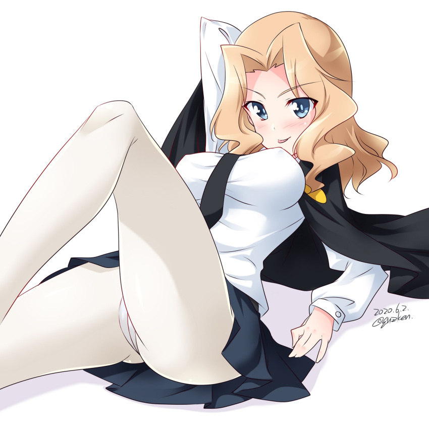 1girl alternate_costume anzio_school_uniform black_neckwear black_skirt blonde_hair blue_eyes blush breasts cape covered_nipples eyebrows_visible_through_hair girls_und_panzer highres kay_(girls_und_panzer) kuzuryuu_kennosuke large_breasts looking_at_viewer lying necktie on_back panties panties_under_pantyhose pantyhose school_uniform shiny shiny_hair shiny_skin simple_background skirt solo tongue tongue_out underwear upskirt white_background white_legwear