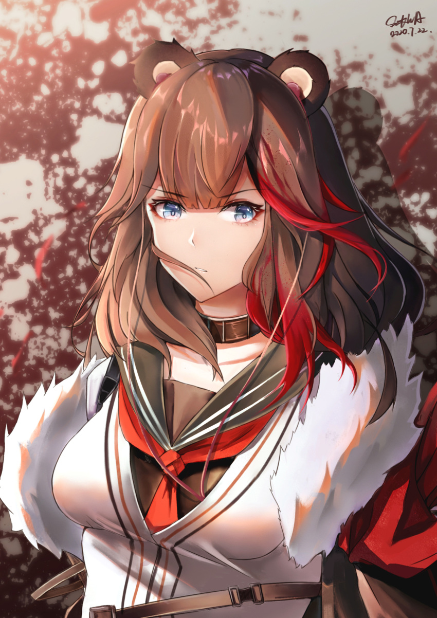 1girl absurdres animal_ears arknights bangs bear_ears black_choker black_hair black_jacket black_sailor_collar blue_eyes breasts brown_hair cardigan choker earphones eyebrows_visible_through_hair fur-trimmed_jacket fur_trim highres jacket long_hair looking_at_viewer medium_breasts multicolored_hair neckerchief red_neckwear redhead sailor_collar sak6ra signature solo streaked_hair upper_body white_cardigan zima_(arknights)