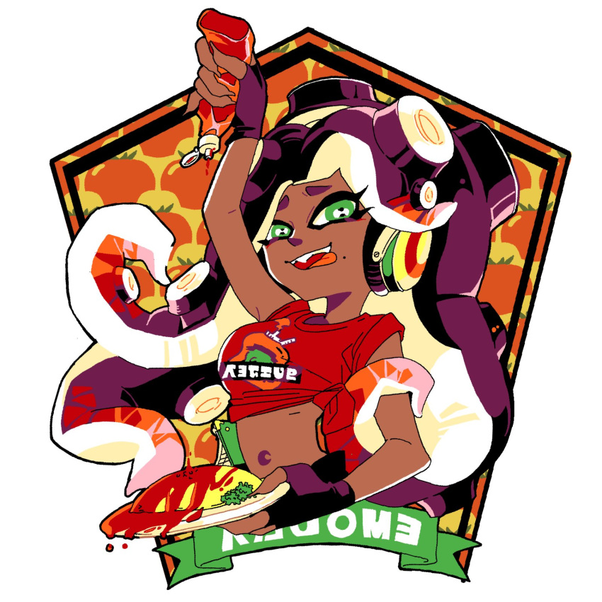 1girl :p arm_up black_gloves bottle bright_pupils cephalopod_eyes commentary dark_skin fangs fingerless_gloves food gloves gradient_hair green_eyes half-closed_eyes headphones highres holding holding_bottle holding_plate iida_(splatoon) inkling_(language) katsu_noha ketchup ketchup_bottle long_hair looking_at_viewer makeup mascara midriff mole mole_under_mouth multicolored_hair navel octarian omurice open_mouth plate print_shirt red_shirt redhead shirt short_sleeves sleeves_rolled_up smile solo splatoon_(series) splatoon_2 suction_cups t-shirt tentacle_hair tied_shirt tomato tongue tongue_out upper_body white_pupils