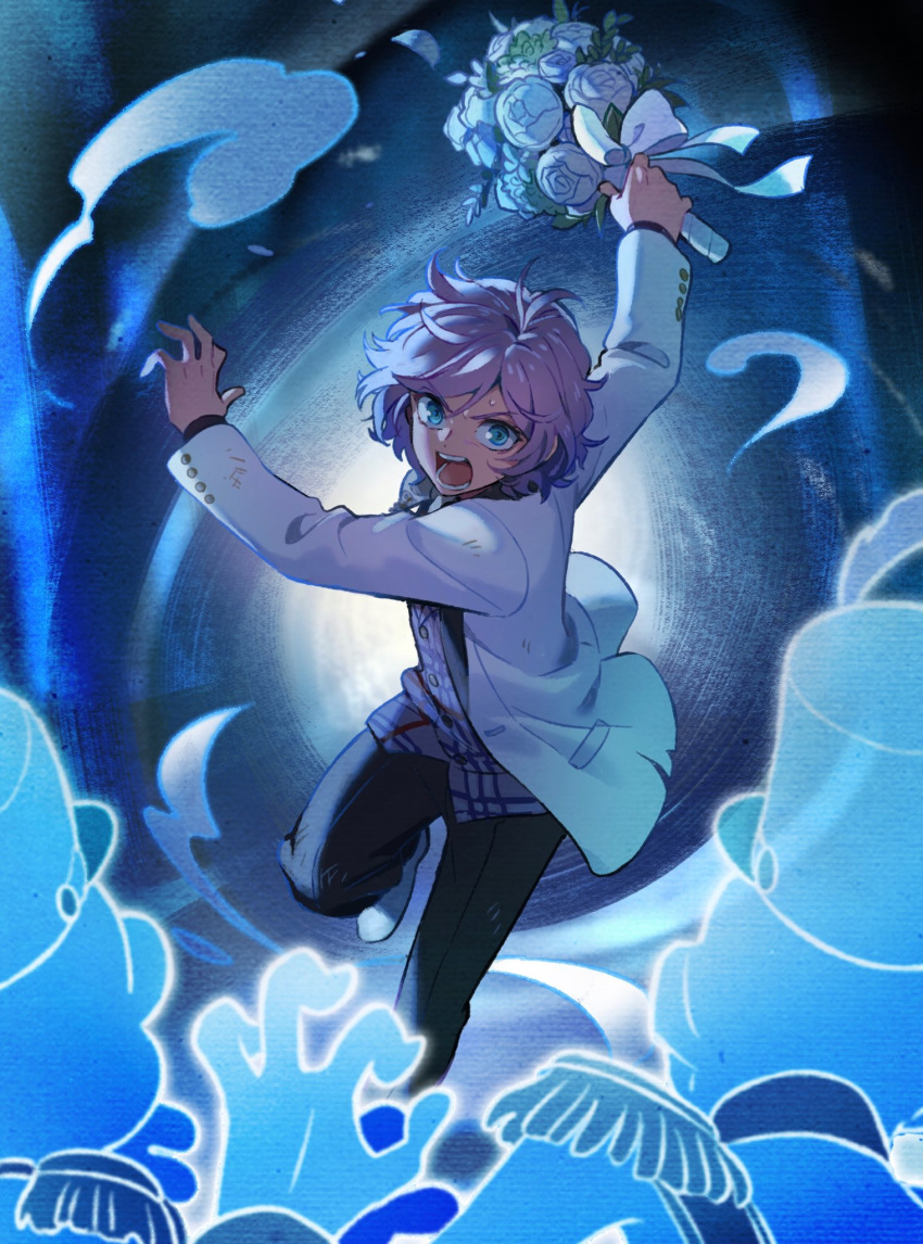 1boy action bangs blue_eyes bouquet bow bowtie epel_felmier flower formal funuyu ghost hair_between_eyes highres holding jacket long_sleeves male_focus open_mouth purple_hair short_hair solo suit twisted_wonderland