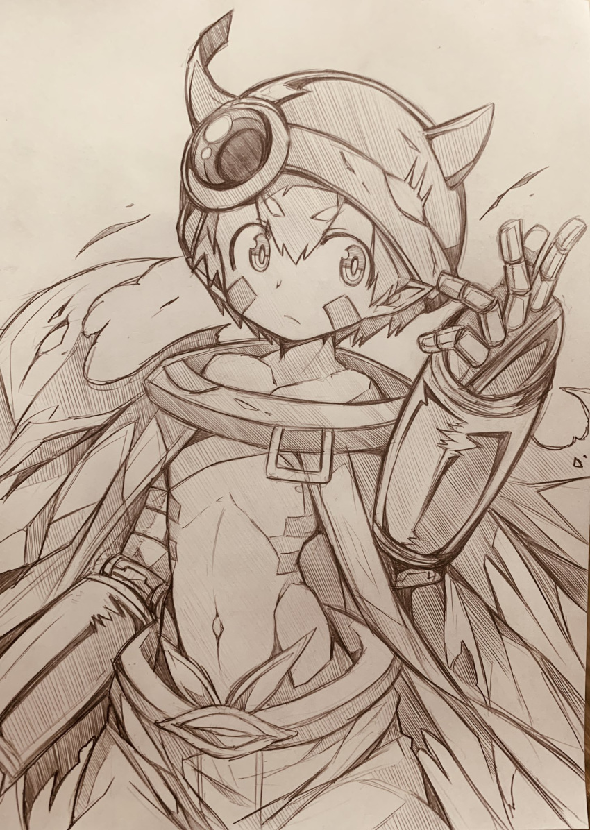 1boy bare_shoulders eyebrows_visible_through_hair facial_mark hand_up helmet highres made_in_abyss male_focus mitsuba-sama_(milkba-ng) navel nipples pointy_ears regu_(made_in_abyss) short_hair sketch solo