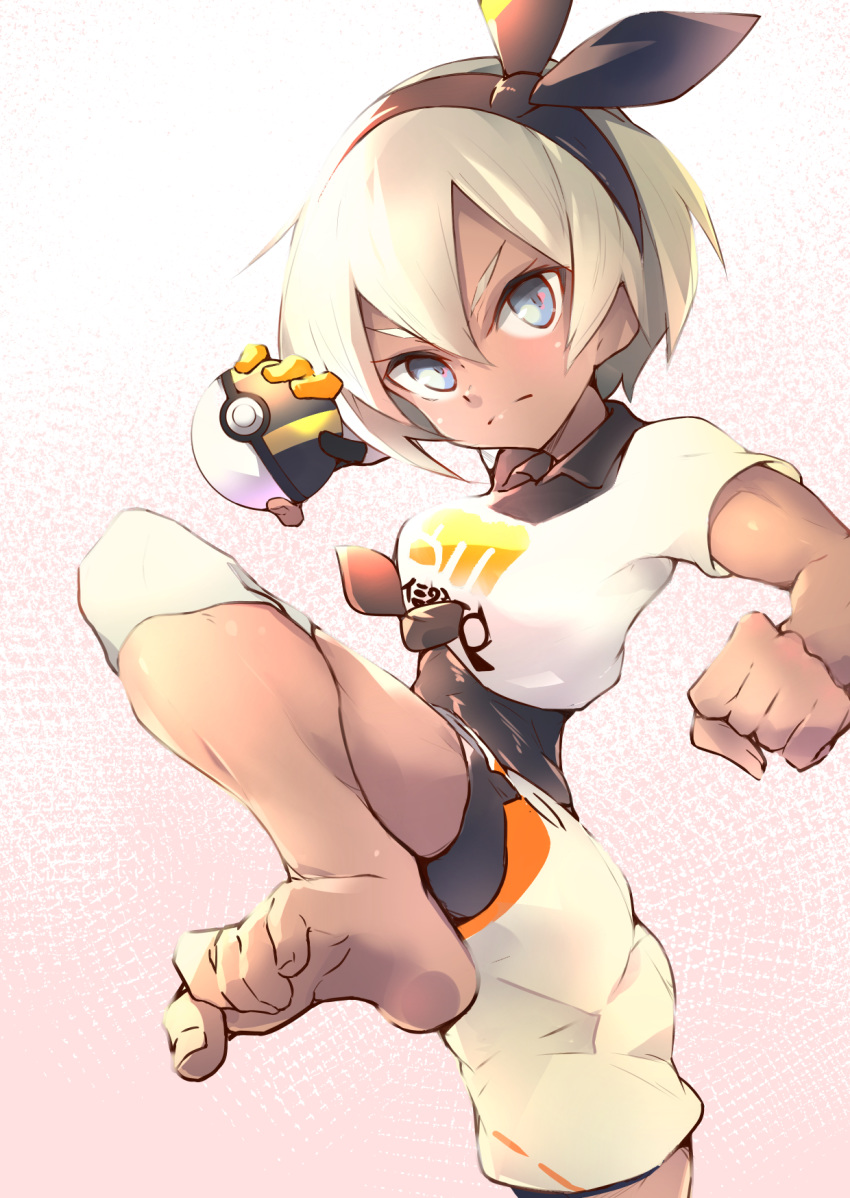 1girl amazarash1 barefoot black_bodysuit black_hairband blue_eyes bodysuit bodysuit_under_clothes clenched_hand closed_mouth collared_shirt commentary_request feet gloves grey_hair gym_leader hair_between_eyes hairband highres holding holding_poke_ball knee_pads leg_up light_frown poke_ball pokemon pokemon_(game) pokemon_swsh print_shirt print_shorts saitou_(pokemon) shirt short_hair short_sleeves shorts single_glove soles solo tied_shirt toes ultra_ball v-shaped_eyebrows