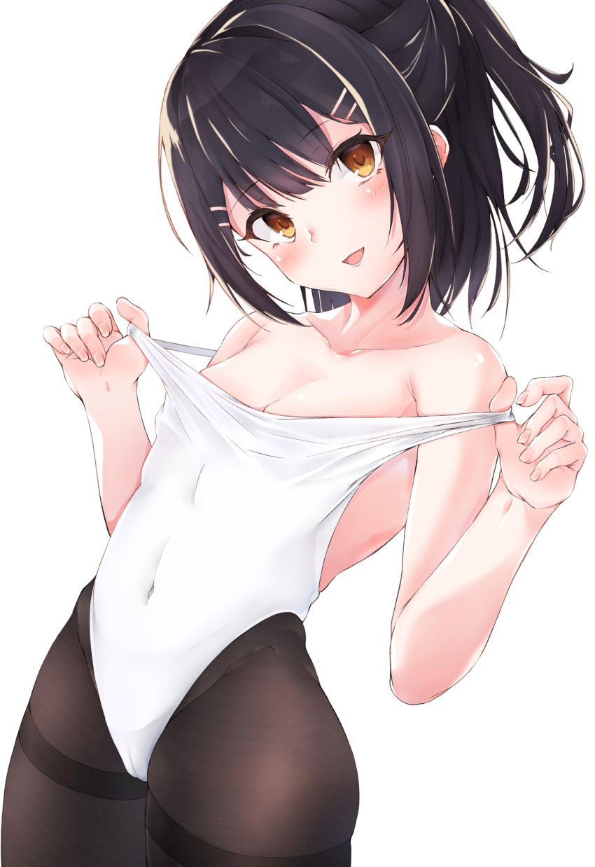 1girl bangs bare_shoulders black_hair black_legwear blush breasts collarbone commentary_request covered_navel fate/kaleid_liner_prisma_illya fate_(series) hair_ornament hairclip highleg highleg_leotard highres leotard long_hair looking_at_viewer miyu_edelfelt open_mouth pantyhose ponytail sashimi_nasu simple_background small_breasts smile strap_pull thighband_pantyhose thighs white_leotard