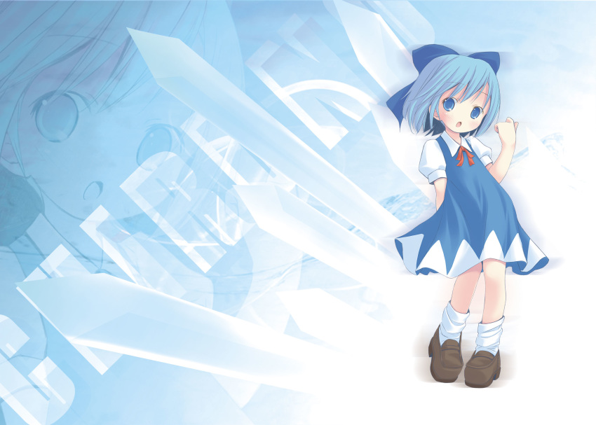 1girl arm_behind_back blue_background blue_bow blue_dress blue_eyes blue_hair bow brown_footwear character_name cirno commentary_request dress full_body gradient gradient_background hair_bow hand_up highres ice loafers looking_at_viewer loose_socks pop_(electromagneticwave) red_neckwear shirt shoes short_hair short_sleeves socks solo touhou white_legwear white_shirt zoom_layer