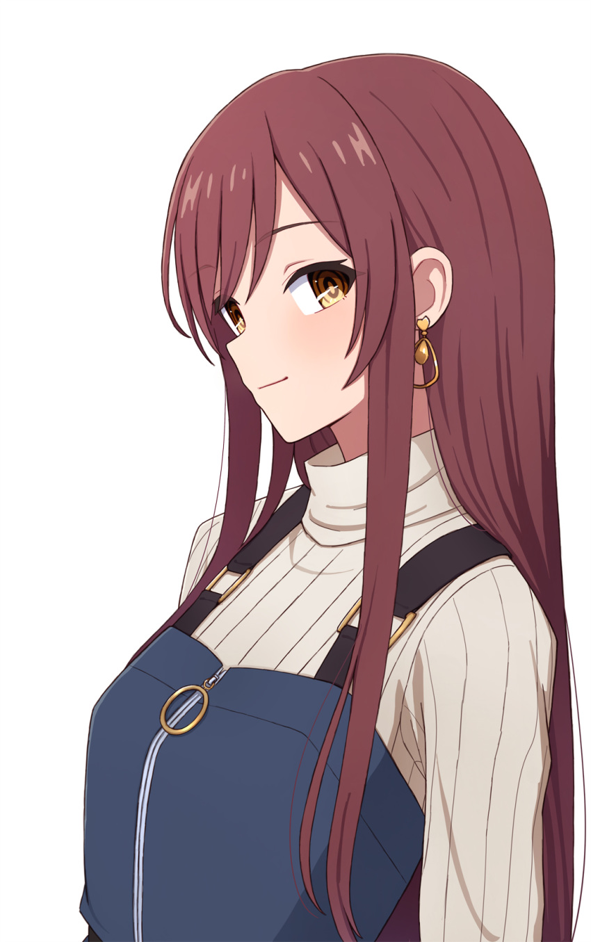 1girl bangs blue_dress blush brown_hair closed_mouth dress earrings eyebrows_visible_through_hair grey_sweater highres idolmaster idolmaster_shiny_colors jewelry long_hair looking_at_viewer looking_to_the_side oosaki_amana pinafore_dress sidelocks sideways_glance simple_background smile solo straight_hair sweater swept_bangs turtleneck turtleneck_sweater upper_body very_long_hair white_background yahiro_(epicopeiidae) yellow_eyes