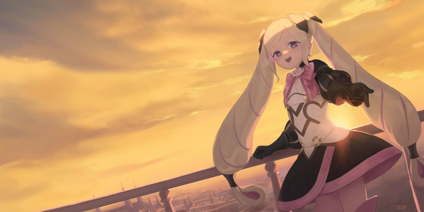 1girl :d absurdres black_bow black_skirt bow bowtie clouds cloudy_sky commentary cowboy_shot drill_hair dutch_angle earrings elise_(fire_emblem) english_commentary fire_emblem flower hair_bow highres jewelry long_hair long_sleeves looking_at_viewer low-tied_long_hair open_mouth puffy_long_sleeves puffy_sleeves pumpkinspicelatte railing reaching_out rose signature skirt sky smile solo standing twin_drills twintails very_long_hair violet_eyes white_flower white_rose yellow_sky
