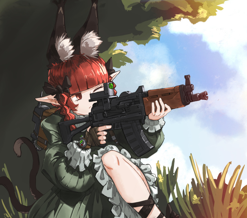 1girl aks-74u animal_ear_fluff animal_ears artist_name assault_rifle bigcat_114514 black_bow bow braid cat_ears cat_tail chinese_commentary clouds commentary_request dress extra_ears frilled_dress frilled_sleeves frills grass green_dress gun hair_bow highres holding holding_gun holding_weapon juliet_sleeves kaenbyou_rin long_hair long_sleeves one_eye_closed pointy_ears puffy_sleeves red_eyes redhead rifle scope solo tail touhou twin_braids twitter_username walkie-talkie weapon