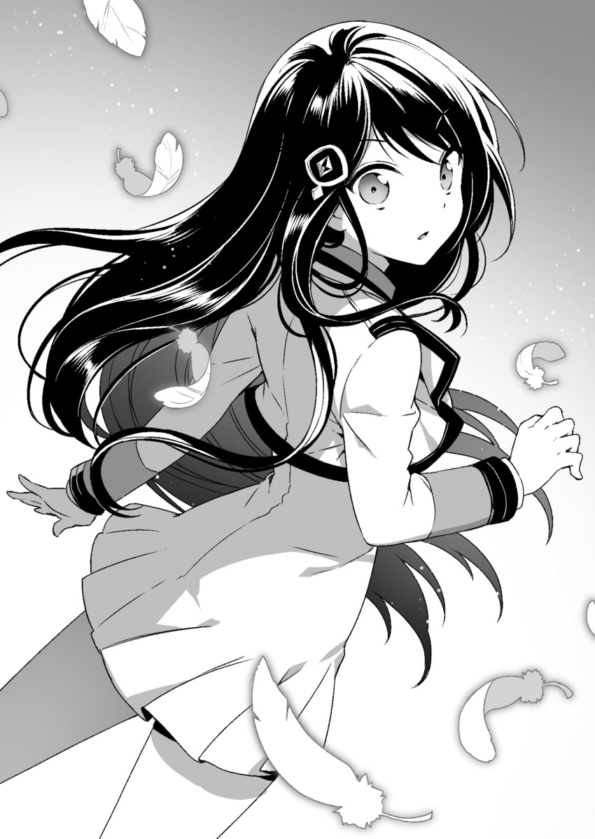 1girl black_hair cowboy_shot dress eyebrows_visible_through_hair feathers floating_hair from_behind greyscale hair_ornament highres long_hair looking_back monochrome nardack novel_illustration official_art onjouji_shiori parted_lips pleated_dress short_dress solo surprised ultimate_antihero uniform very_long_hair wide-eyed