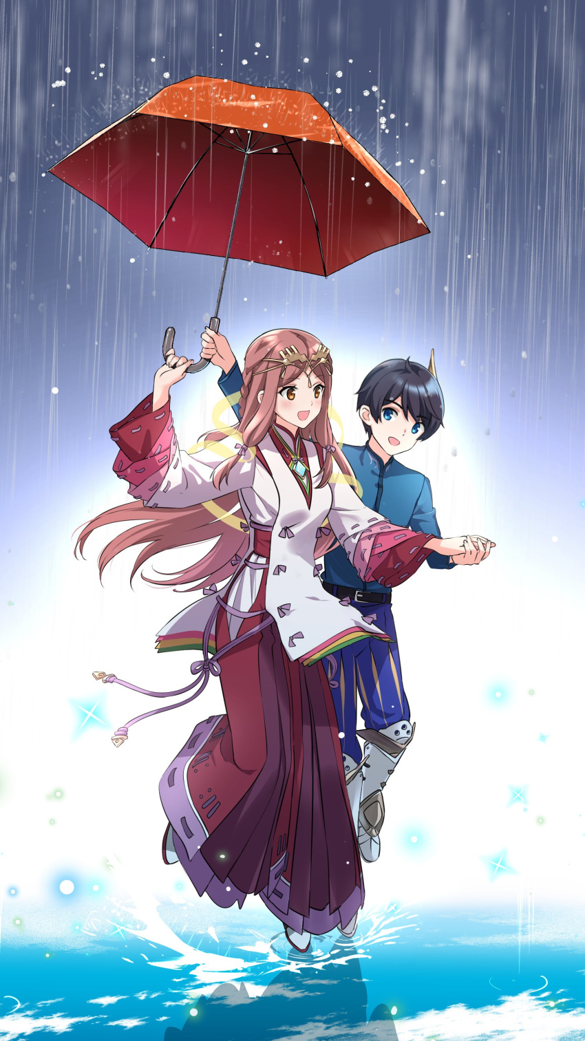 1boy 1girl :d absurdres belt blue_eyes blue_hair blue_pants blue_shirt blush boots breasts brown_hair fan_la_norne full_body hakama happy highres holding_hands hugo_el_superbia japanese_clothes long_hair long_sleeves medium_breasts misu_kasumi open_mouth pants rain red_umbrella shirt smile splashing umbrella very_long_hair xenoblade_(series) xenoblade_2 xenoblade_2:_ogon_no_kuri_ira yellow_eyes