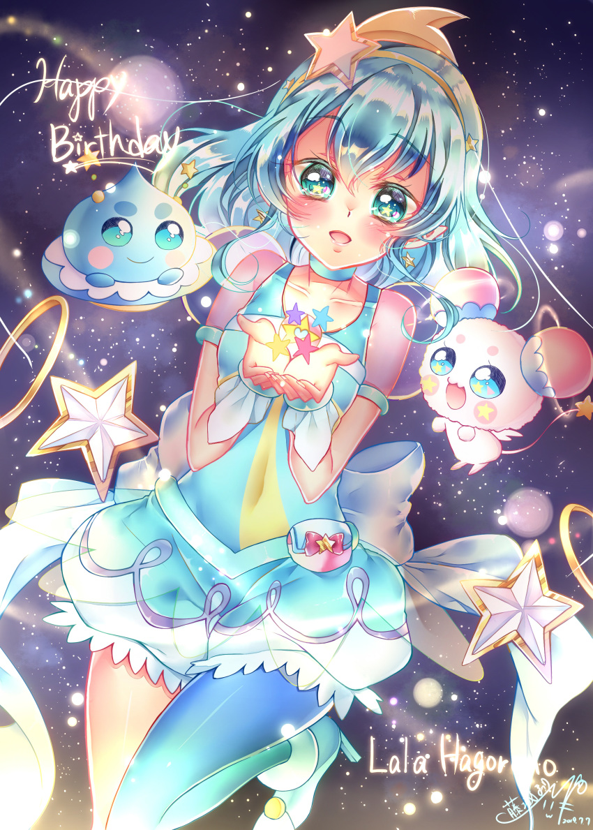 1girl 2019 :d absurdres blue_choker blue_hair blue_legwear blue_shorts blush character_name choker collarbone covered_navel cure_milky floating_hair fuwa_(precure) green_eyes hair_ornament hairband happy_birthday highres long_hair looking_at_viewer open_mouth precure prunce_(precure) see-through shiny shiny_hair shiny_legwear short_shorts short_sleeves shorts signature single_leg_pantyhose sky smile star-shaped_pupils star_(sky) star_(symbol) star_hair_ornament star_twinkle_precure starry_sky symbol-shaped_pupils touki_matsuri yellow_hairband