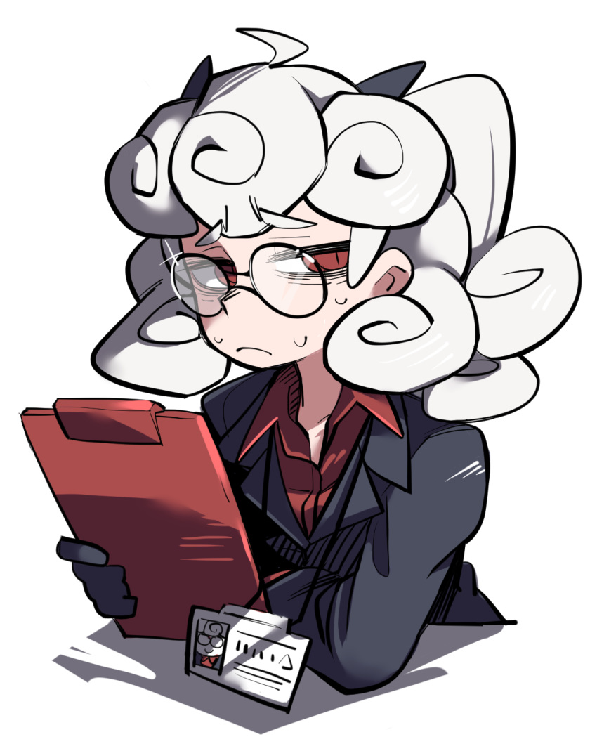 1girl black_gloves black_suit chillarism clipboard curly_hair glasses gloves helltaker highres horns name_tag pandemonica_(helltaker) red_eyes red_shirt shirt slit_pupils white_hair