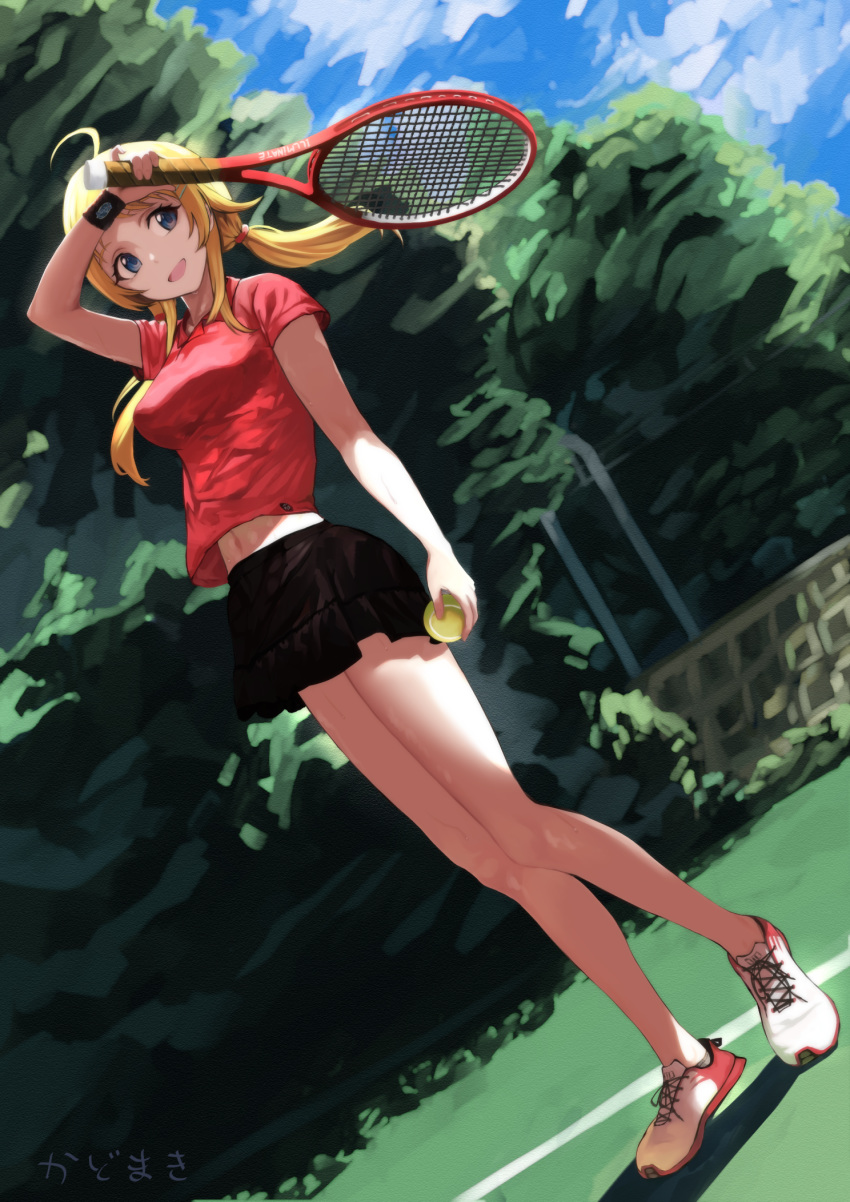 1girl :d ahoge arm_at_side arm_up ball bare_arms bare_legs black_skirt blonde_hair blue_eyes blurry blurry_background breasts commentary_request day dutch_angle full_body hachimiya_meguru hair_ornament hair_scrunchie highres holding holding_ball holding_racket idolmaster idolmaster_shiny_colors kadomaki_madoka long_hair looking_away looking_to_the_side low_twintails medium_breasts midriff_peek miniskirt navel open_mouth outdoors racket red_scrunchie red_shirt scrunchie shirt shoes short_sleeves sidelocks signature skirt smile sneakers solo sportswear standing sweat sweatband tennis_ball tennis_racket tennis_uniform tree twintails white_footwear wiping_forehead wristband