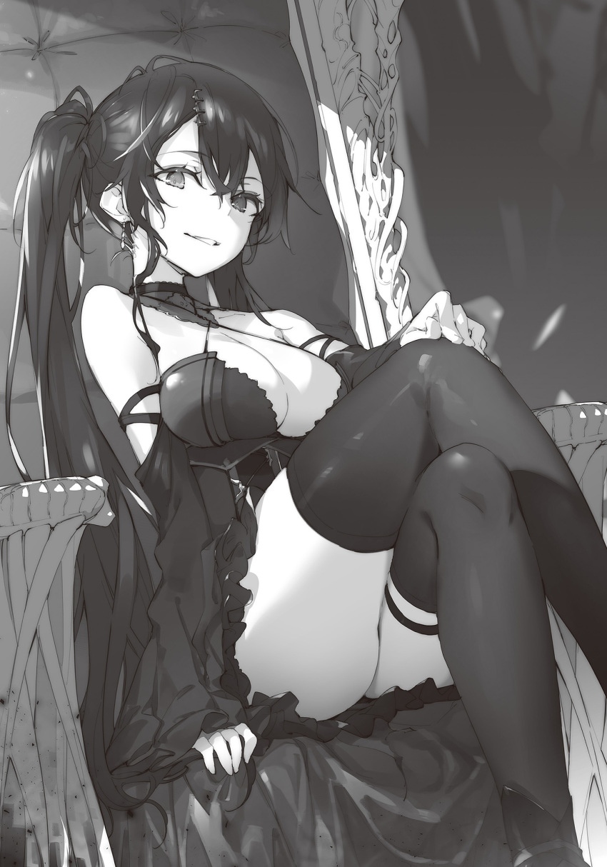 1girl ass breasts copyright_request corset criss-cross_halter crossed_legs detached_sleeves earrings greyscale grin hair_ornament hairclip halterneck hand_on_own_knee highres jewelry large_breasts long_hair monochrome novel_illustration official_art sitting smile solo thigh-highs thighs twintails very_long_hair yatsuha_(hachiyoh)