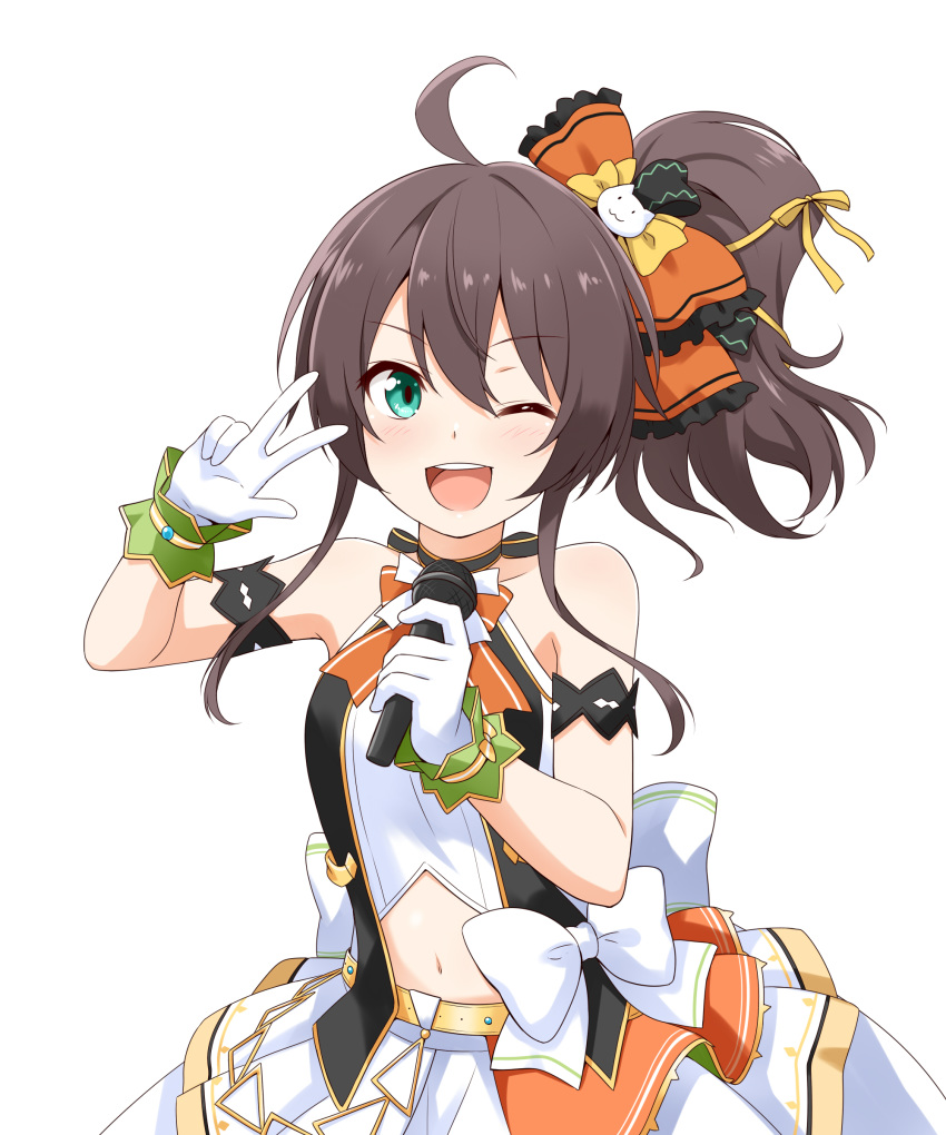 1girl absurdres ahoge arm_strap blush bow brown_hair collared_shirt commentary_request eyebrows_visible_through_hair felutiahime gloves green_eyes hair_between_eyes hair_bow highres hololive looking_at_viewer natsuiro_matsuri navel one_eye_closed open_mouth orange_bow ponytail shirt simple_background sleeveless solo v virtual_youtuber white_background white_gloves